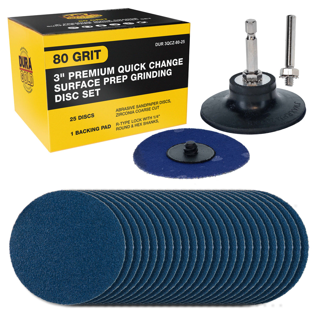 3 Inch Grinding Discs, 80 Grit (25 Disc Set) with R-Type Adapter & Backing Pad - Quick Change Zirconia Coarse Cut Sanding Discs for Auto, Wood, Metal, Rust, Oxidation, Welds