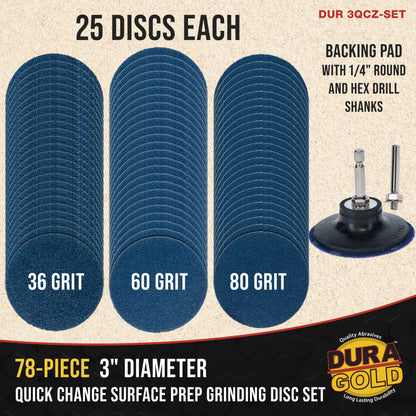 3 Inch Grinding Discs, 36, 60 & 80 Grit (25 Disc Each), R-Type Adapter & Backing Pad - Quick Change Zirconia Coarse Cut Sanding Discs for Auto, Wood, Metal, Rust, Oxidation, Welds