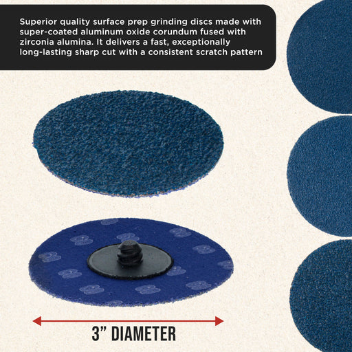 3 Inch Grinding Discs, 36, 60 & 80 Grit (25 Disc Each), R-Type Roll Lock Adapter & Backing Pad - Quick Change Zirconia Coarse Cut Sanding Discs for Auto, Wood, Metal, Rust, Oxidation, Welds