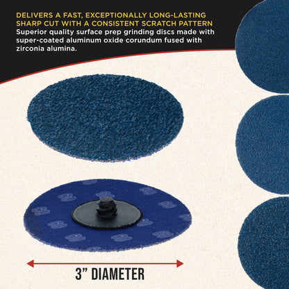 3 Inch Grinding Discs, 36, 60 & 80 Grit (25 Disc Each), R-Type Adapter & Backing Pad - Quick Change Zirconia Coarse Cut Sanding Discs for Auto, Wood, Metal, Rust, Oxidation, Welds
