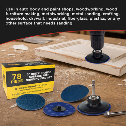 3 Inch Grinding Discs, 36, 60 & 80 Grit (25 Disc Each), R-Type Adapter & Backing Pad - Quick Change Zirconia Coarse Cut Sanding Discs for Auto, Wood, Metal, Rust, Oxidation, Welds