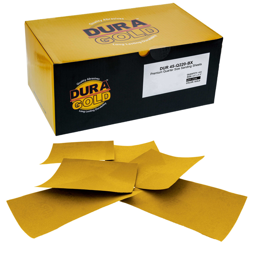 220 Grit Gold - 1/4 Sheet Plain Backing Sandpaper 5.5" x 4.5" - For Palm Sanders - Box of 400