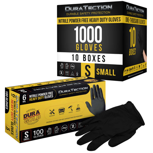 HD Black Nitrile Disposable Gloves, 10 Boxes of 100, Size Small, 6 Mil - Latex Free, Powder Free, Textured Grip, Food Safe