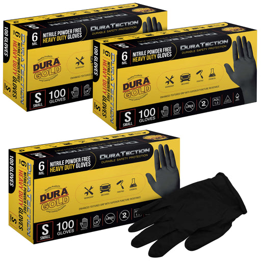 HD Black Nitrile Disposable Gloves, 3 Boxes of 100, Size Small, 6 Mil - Latex Free, Powder Free, Textured Grip, Food Safe