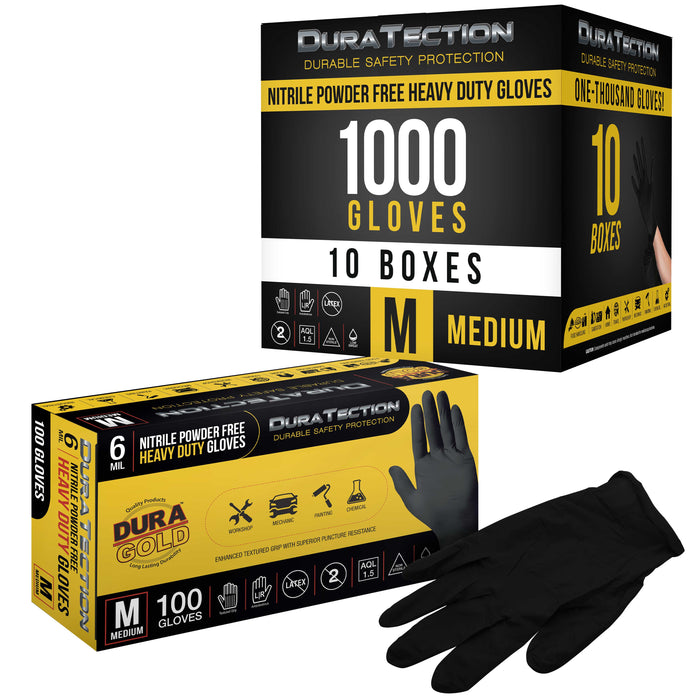 HD Black Nitrile Disposable Gloves, 10 Boxes of 100, Size Medium, 6 Mil - Latex Free, Powder Free, Textured Grip, Food Safe