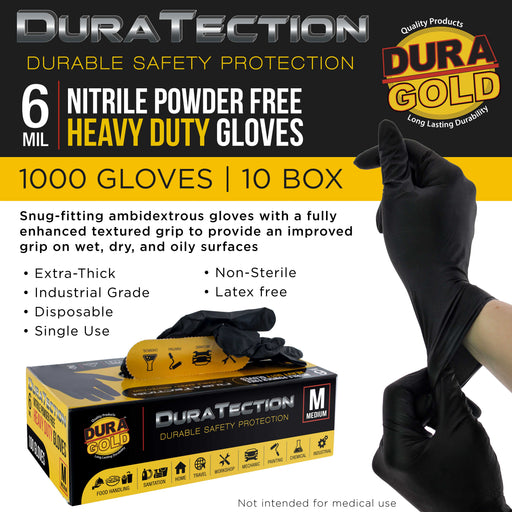 HD Black Nitrile Disposable Gloves, 10 Boxes of 100, Size Medium, 6 Mil - Latex Free, Powder Free, Textured Grip, Food Safe