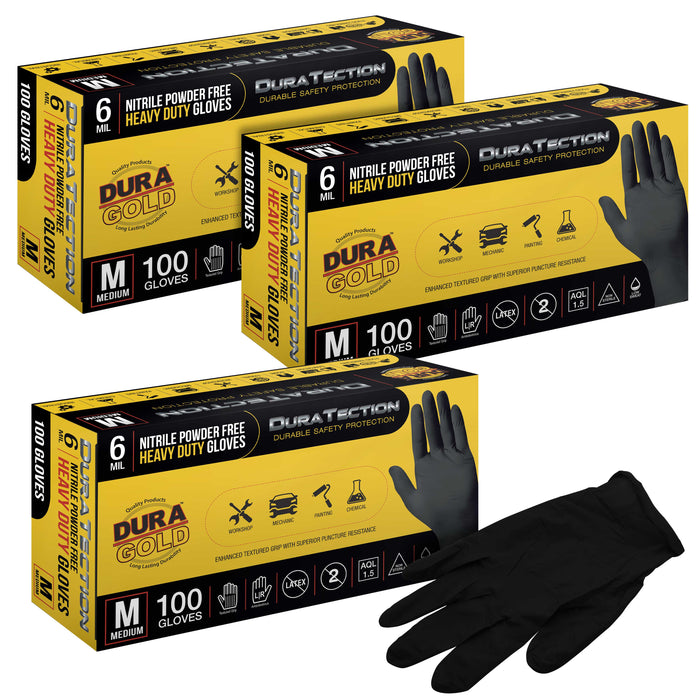 HD Black Nitrile Disposable Gloves, 3 Boxes of 100, Size Medium, 6 Mil - Latex Free, Powder Free, Textured Grip, Food Safe