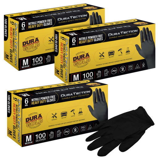 HD Black Nitrile Disposable Gloves, 3 Boxes of 100, Size Medium, 6 Mil - Latex Free, Powder Free, Textured Grip, Food Safe