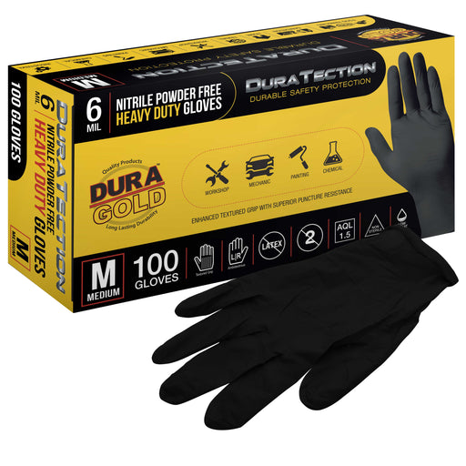 HD Black Nitrile Disposable Gloves, Box of 100, Size Medium, 6 Mil - Latex Free, Powder Free, Textured Grip, Food Safe