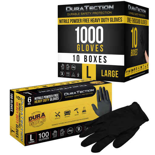 HD Black Nitrile Disposable Gloves, 10 Boxes of 100, Size Large, 6 Mil - Latex Free, Powder Free, Textured Grip, Food Safe