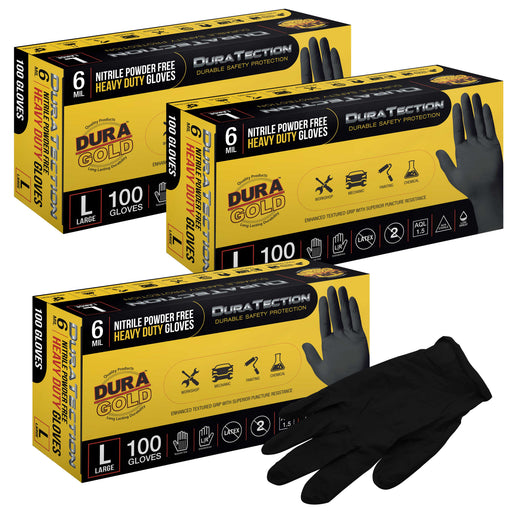 HD Black Nitrile Disposable Gloves, 3 Boxes of 100, Size Large, 6 Mil - Latex Free, Powder Free, Textured Grip, Food Safe