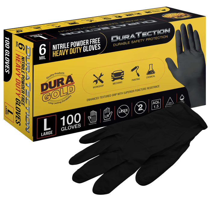 HD Black Nitrile Disposable Gloves, Box of 100, Size Large, 6 Mil - Latex Free, Powder Free, Textured Grip, Food Safe