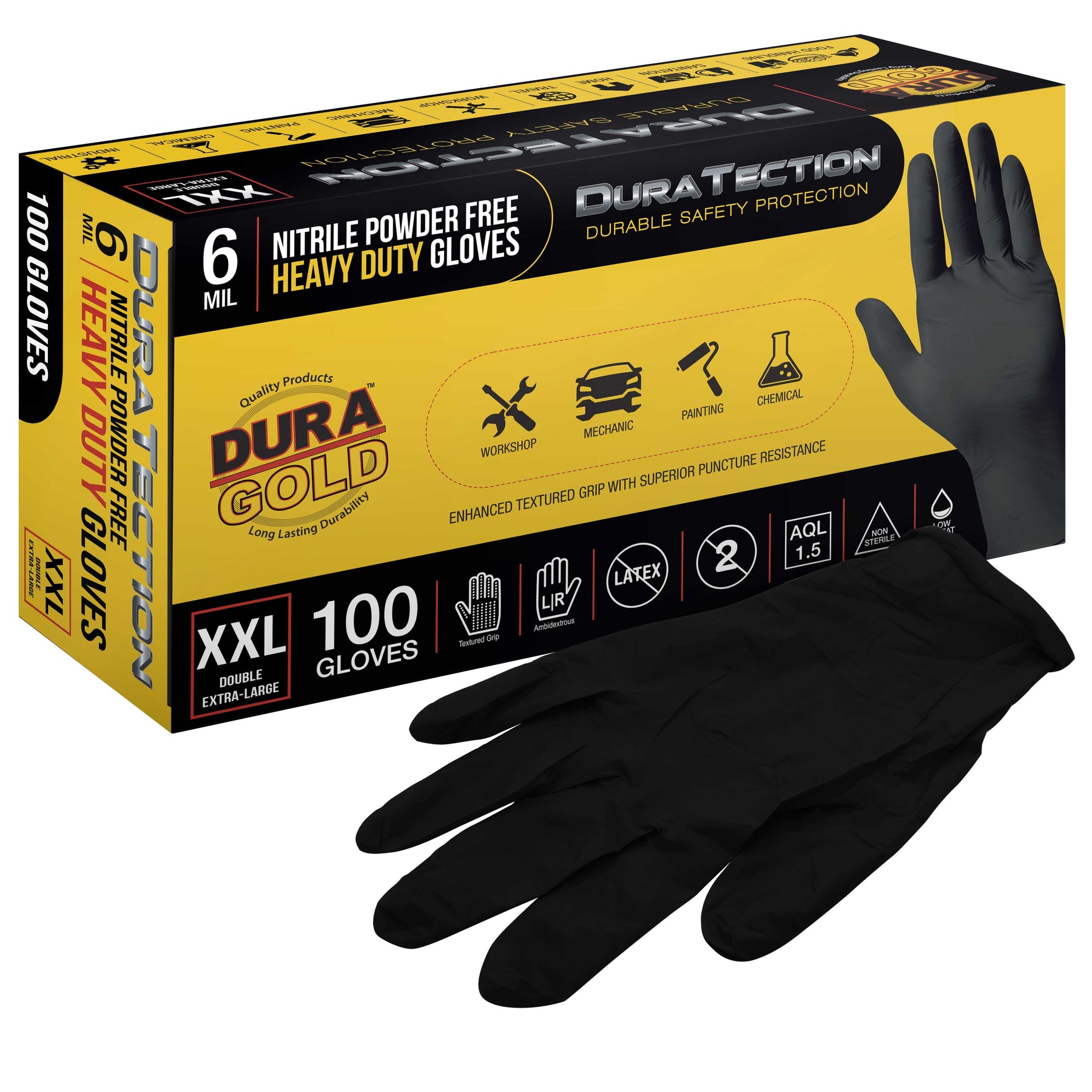 HD Black Nitrile Disposable Gloves, Box of 100, Size XX-Large, 6