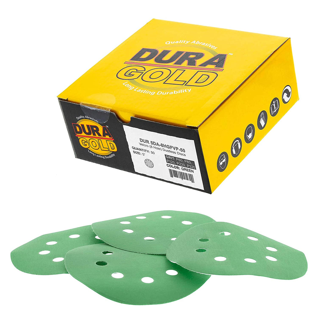 - Premium - Variety Pack (60,80,120,220,320) - 5" Green Film Sanding Discs - 8-Hole Dustless Hook and Loop for DA Sander - Box of 50 Finishing Sandpaper Discs for Woodworking or Automotive