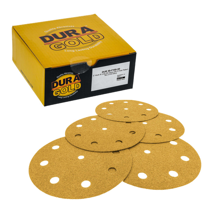 100 Grit - 5" Gold DA Sanding Discs - 9-Hole Pattern Hook and Loop - Box of 50