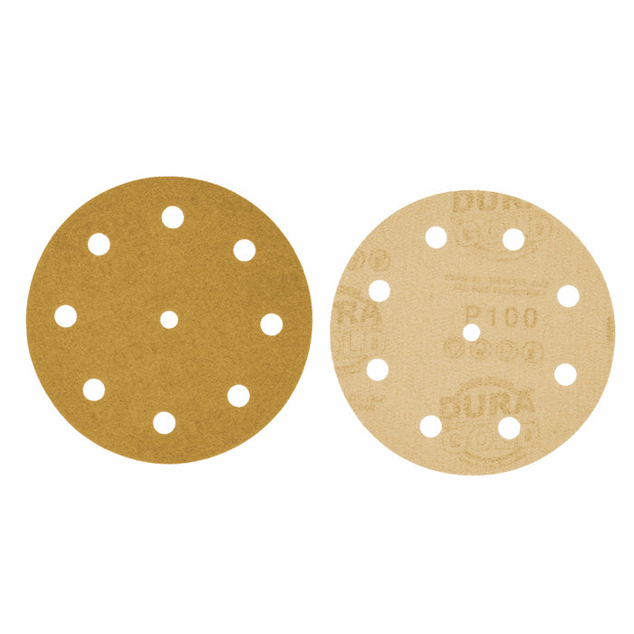 100 Grit - 5" Gold DA Sanding Discs - 9-Hole Pattern Hook and Loop - Box of 50