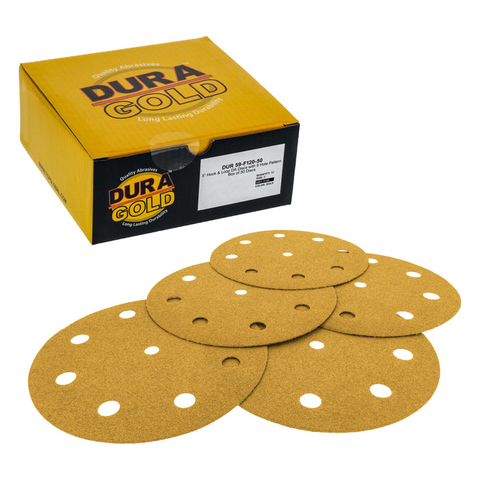 120 Grit - 5" Gold DA Sanding Discs - 9-Hole Pattern Hook and Loop - Box of 50