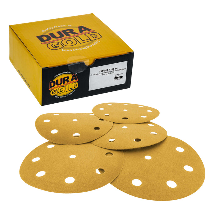 180 Grit - 5" Gold DA Sanding Discs - 9-Hole Pattern Hook and Loop - Box of 50