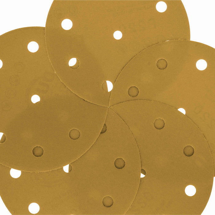220 Grit - 5" Gold DA Sanding Discs - 9-Hole Pattern Hook and Loop - Box of 50