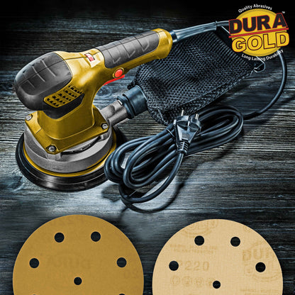 220 Grit - 5" Gold DA Sanding Discs - 9-Hole Pattern Hook and Loop - Box of 50