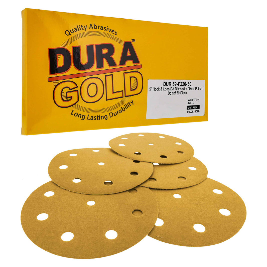 220 Grit - 5" Gold DA Sanding Discs - 9-Hole Pattern Hook and Loop - Box of 50