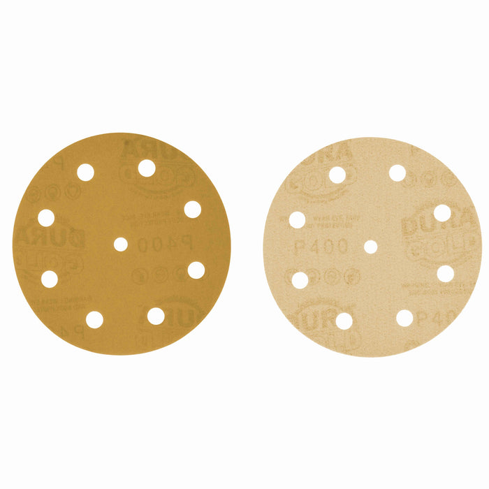 400 Grit - 5" Gold DA Sanding Discs - 9-Hole Pattern Hook and Loop - Box of 50