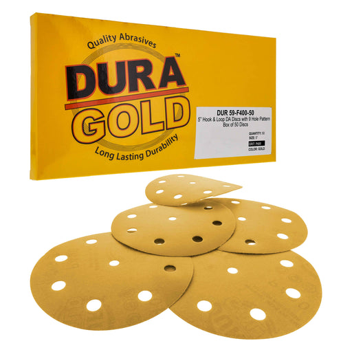 400 Grit - 5" Gold DA Sanding Discs - 9-Hole Pattern Hook and Loop - Box of 50