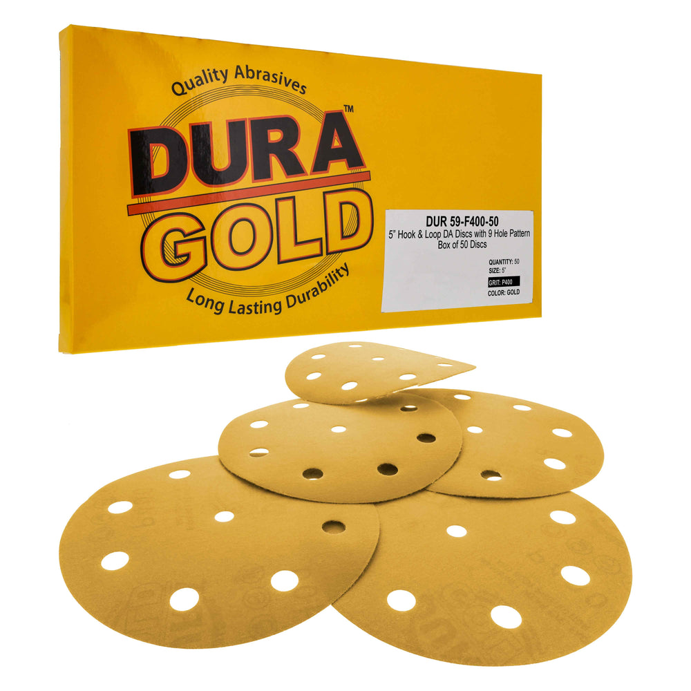 400 Grit - 5" Gold DA Sanding Discs - 9-Hole Pattern Hook and Loop - Box of 50