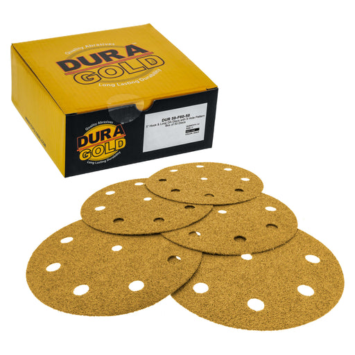 60 Grit - 5" Gold DA Sanding Discs - 9-Hole Pattern Hook and Loop - Box of 50