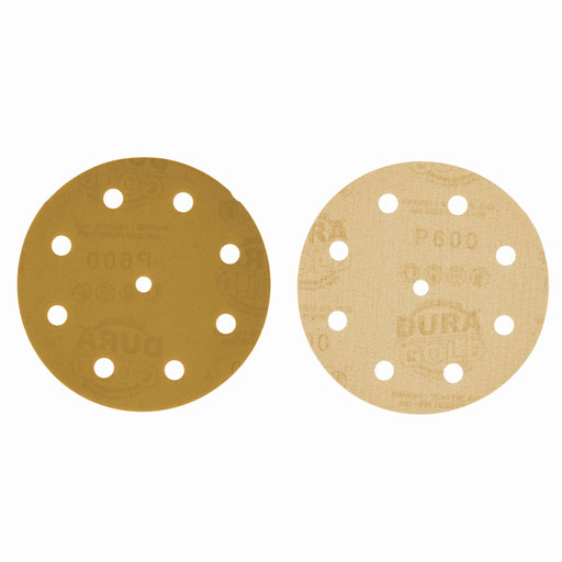 600 Grit - 5" Gold DA Sanding Discs - 9-Hole Pattern Hook and Loop - Box of 50