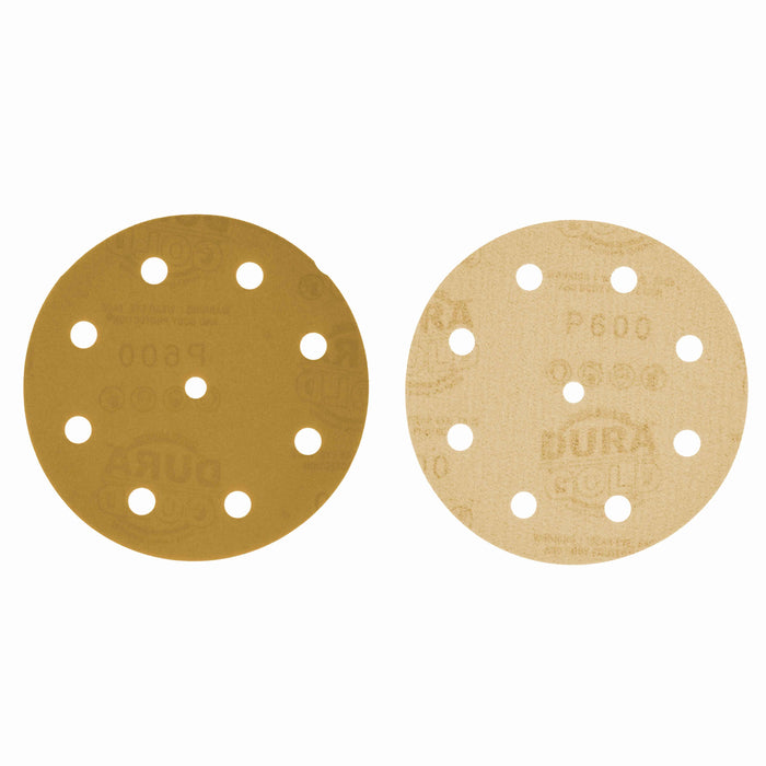 600 Grit - 5" Gold DA Sanding Discs - 9-Hole Pattern Hook and Loop - Box of 50