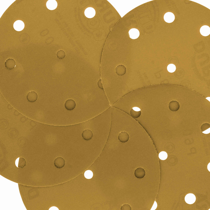 600 Grit - 5" Gold DA Sanding Discs - 9-Hole Pattern Hook and Loop - Box of 50