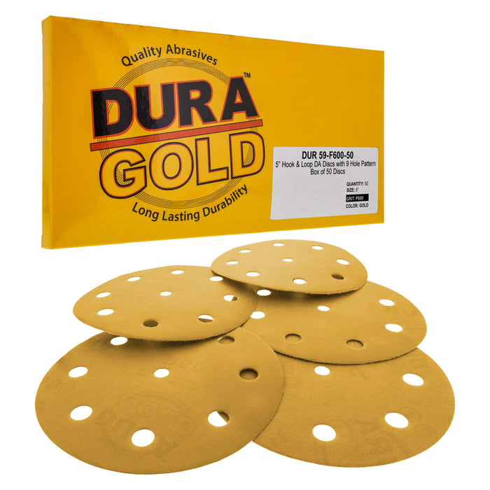600 Grit - 5" Gold DA Sanding Discs - 9-Hole Pattern Hook and Loop - Box of 50