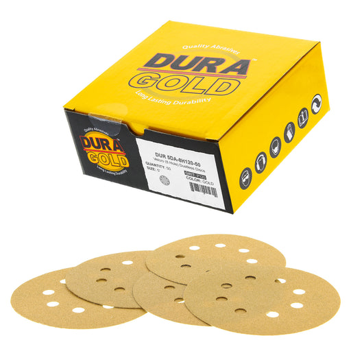 120 Grit - 5" Gold DA Sanding Discs - 8-Hole Pattern Hook and Loop - Box of 50