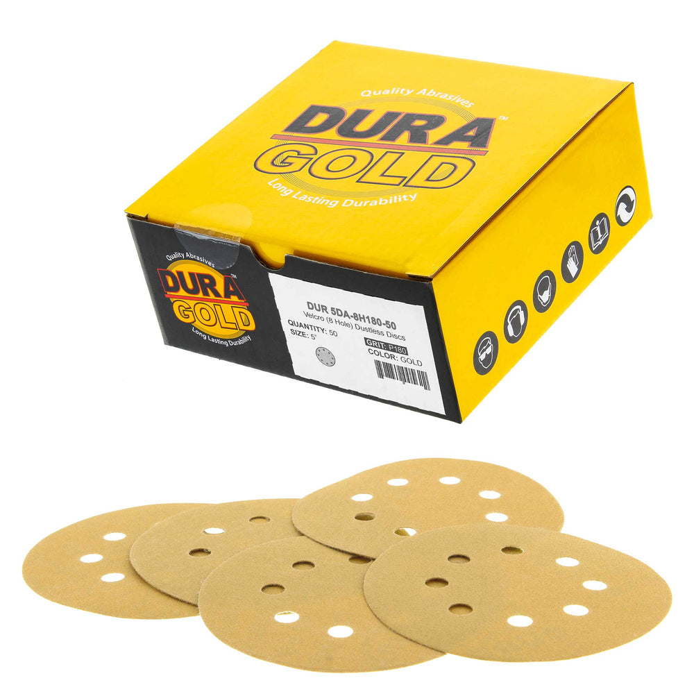 180 Grit - 5" Gold DA Sanding Discs - 8-Hole Pattern Hook and Loop - Box of 50