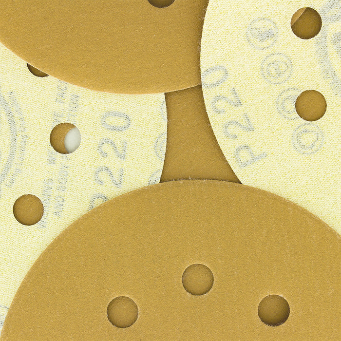 220 Grit - 5" Gold DA Sanding Discs - 8-Hole Pattern Hook and Loop - Box of 50