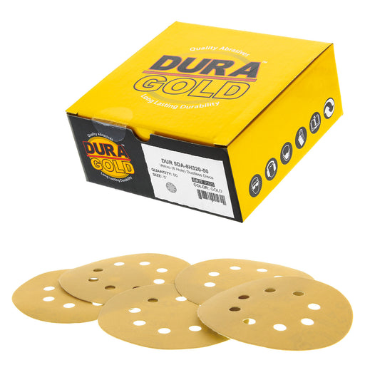 320 Grit - 5" Gold DA Sanding Discs - 8-Hole Pattern Hook and Loop - Box of 50