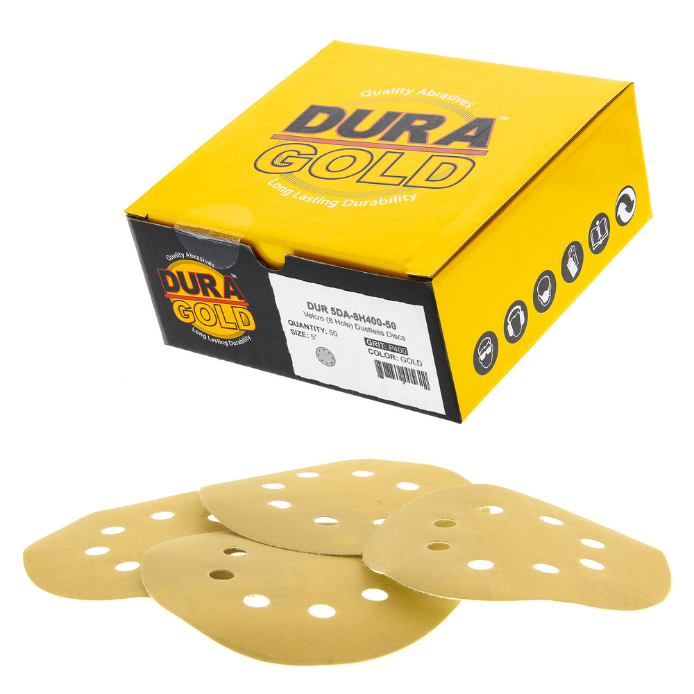 400 Grit - 5" Gold DA Sanding Discs - 8-Hole Pattern Hook and Loop - Box of 50