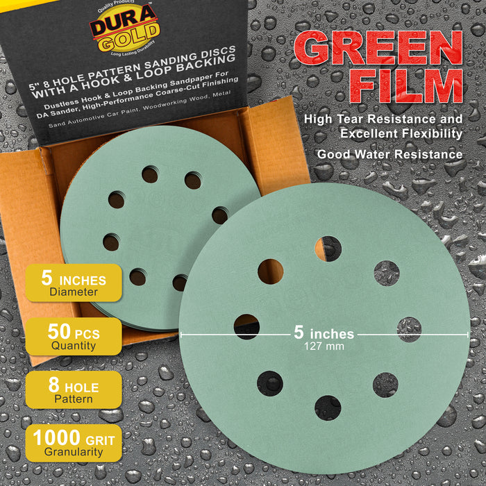 1000 Grit - 5" Green Film DA Sanding Discs - 8-Hole Pattern Hook and Loop - Box of 50