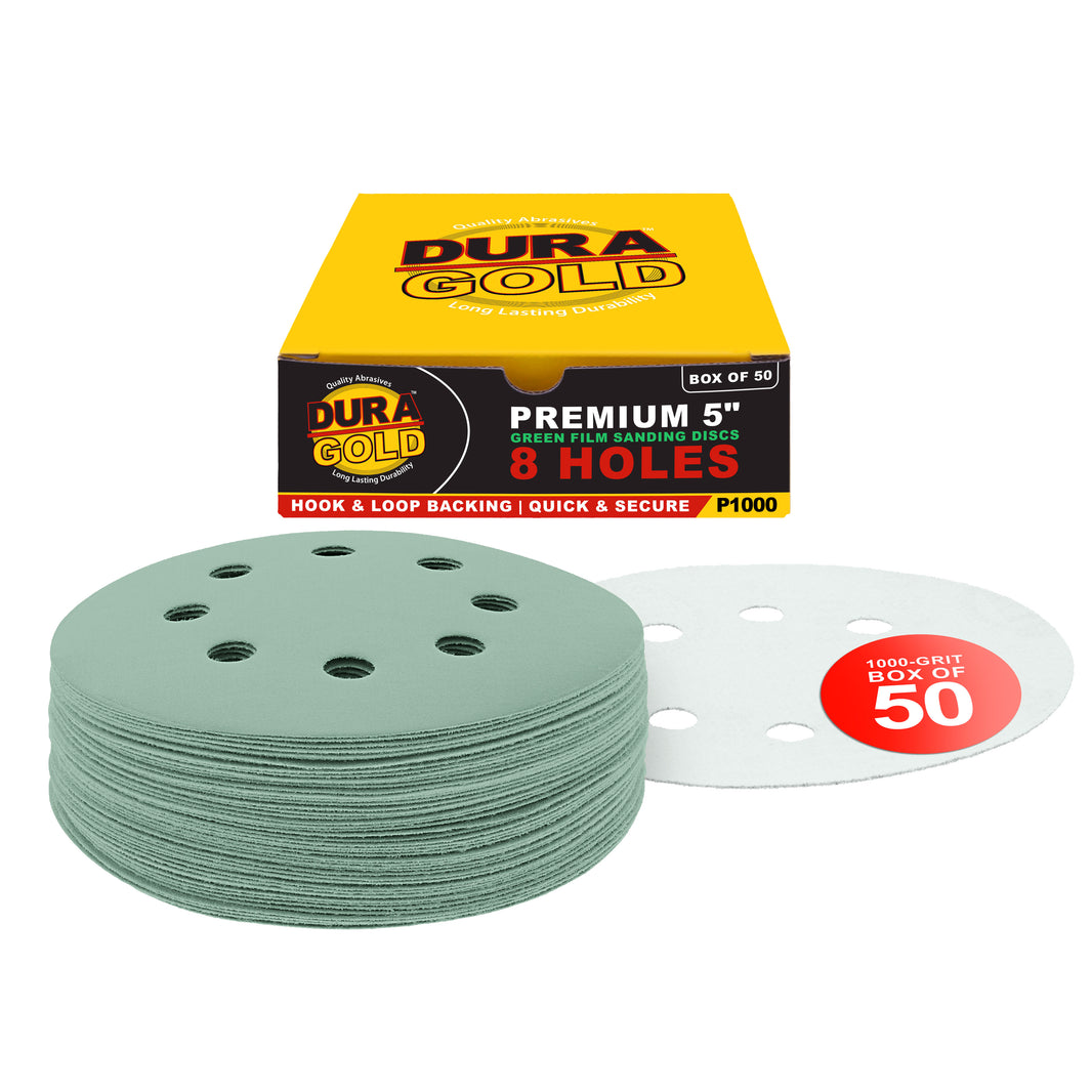 1000 Grit - 5" Green Film DA Sanding Discs - 8-Hole Pattern Hook and Loop - Box of 50