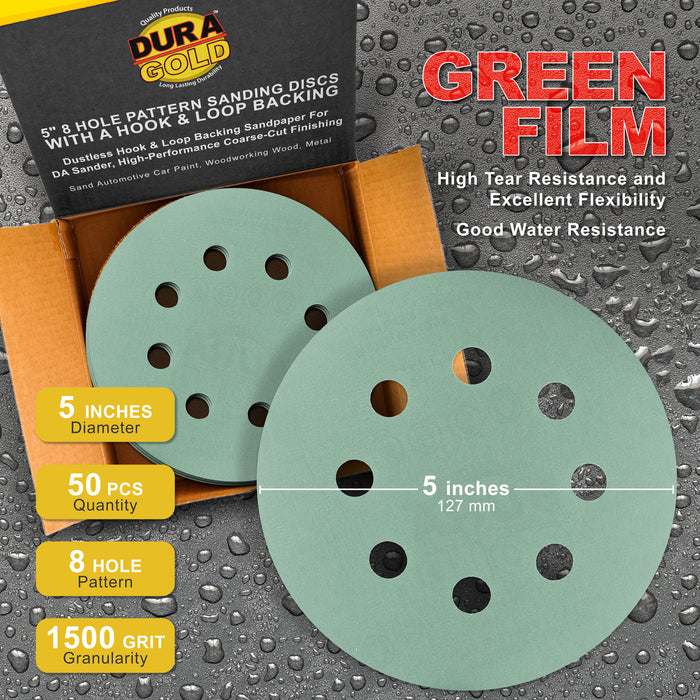 1500 Grit - 5" Green Film DA Sanding Discs - 8-Hole Pattern Hook and Loop - Box of 50