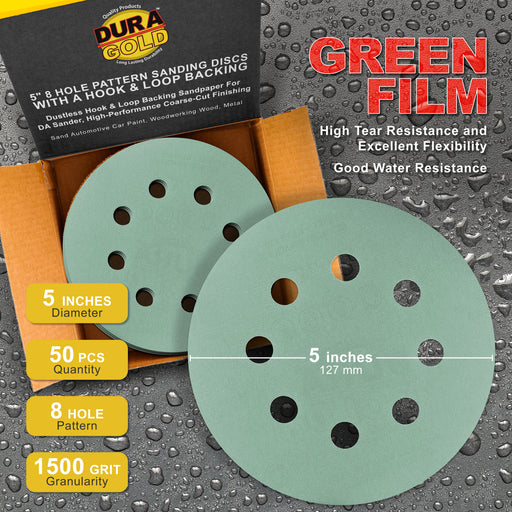 1500 Grit - 5" Green Film DA Sanding Discs - 8-Hole Pattern Hook and Loop - Box of 50