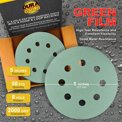2000 Grit - 5" Green Film DA Sanding Discs - 8-Hole Pattern Hook and Loop - Box of 50