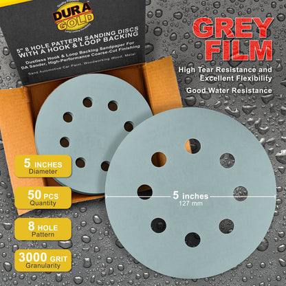 3000 Grit - 5" Green Film DA Sanding Discs - 8-Hole Pattern Hook and Loop - Box of 50