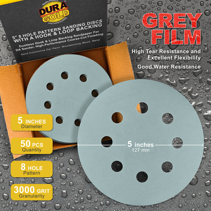 3000 Grit - 5" Green Film DA Sanding Discs - 8-Hole Pattern Hook and Loop - Box of 50