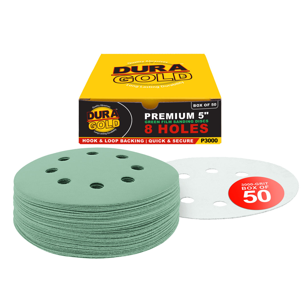 3000 Grit - 5" Green Film DA Sanding Discs - 8-Hole Pattern Hook and Loop - Box of 50