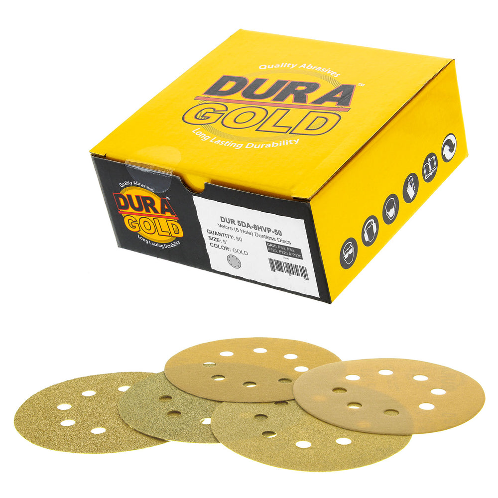 Variety Grit Pack - 5" Gold DA Sanding Discs - 8-Hole Pattern Hook and Loop - 10 each of Grit (60, 80, 120, 220, 320) - Box of 50