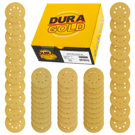 Variety Grit Pack - 5" Gold DA Sanding Discs - 8-Hole Pattern Hook and Loop - 10 each of Grit (60, 80, 120, 220, 320) - Box of 50