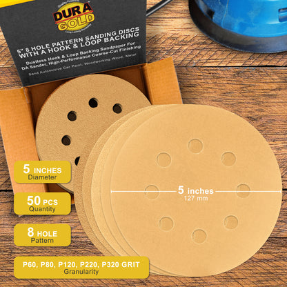 Variety Grit Pack - 5" Gold DA Sanding Discs - 8-Hole Pattern Hook and Loop - 10 each of Grit (60, 80, 120, 220, 320) - Box of 50