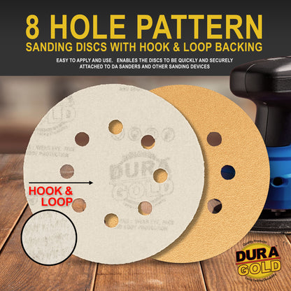 Variety Grit Pack - 5" Gold DA Sanding Discs - 8-Hole Pattern Hook and Loop - 10 each of Grit (60, 80, 120, 220, 320) - Box of 50